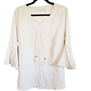Denim & Co. Top Sz L Crinkle Gauze Bell Sleeve Tunic Tan Large Tassles NWOT